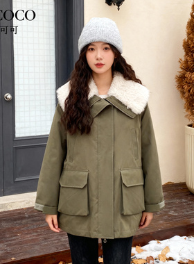 ROCOCO/洛可可2025新款工装风派克外套女中长款加厚保暖毛领棉衣