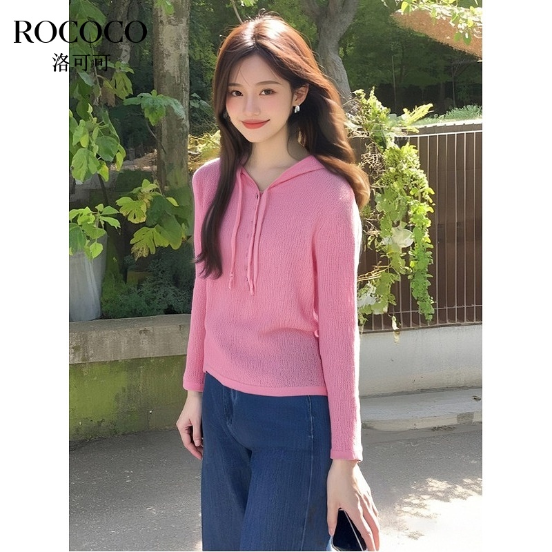ROCOCO/洛可可连帽抽绳上衣绵羊毛女2025春季短款流行套头针织衫
