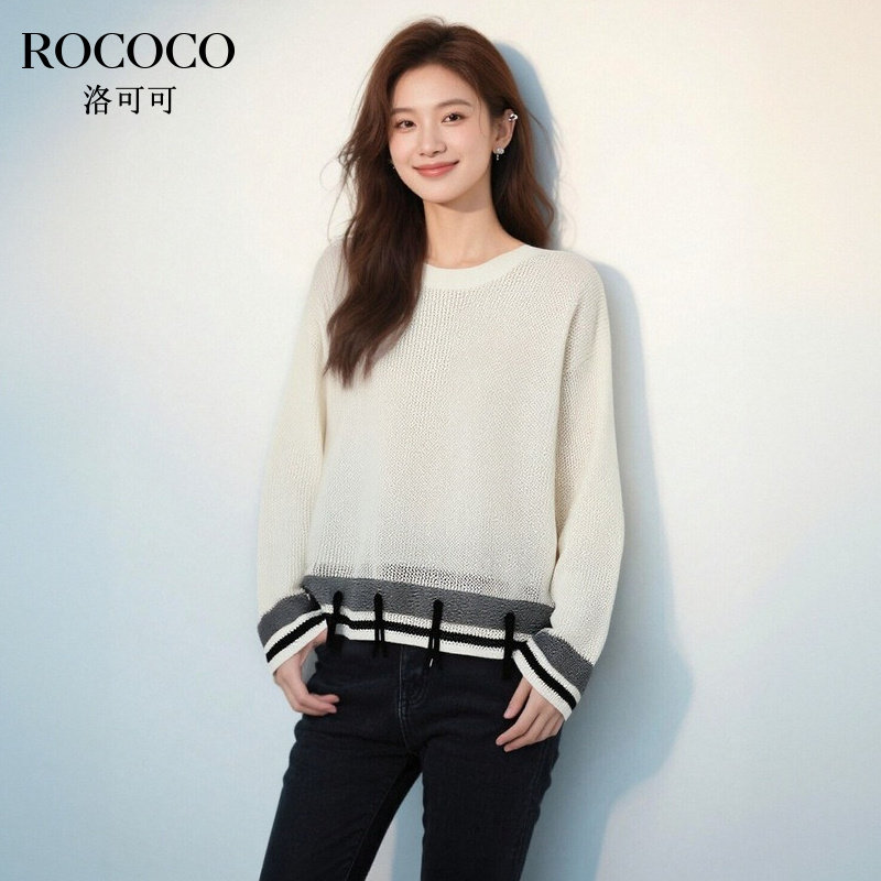 ROCOCO/洛可可2025秋季新款拼接撞色下摆流苏宽松透气圆领针织衫