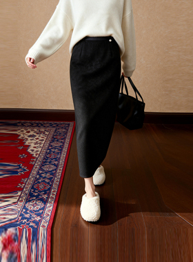 ROCOCO/洛可可黑色简约中长半身裙女高腰显瘦休闲百搭秋冬裙子