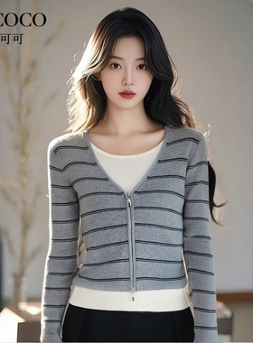ROCOCO/洛可可2025春季流行圆领假两件针织衫显瘦绵羊毛条纹上衣