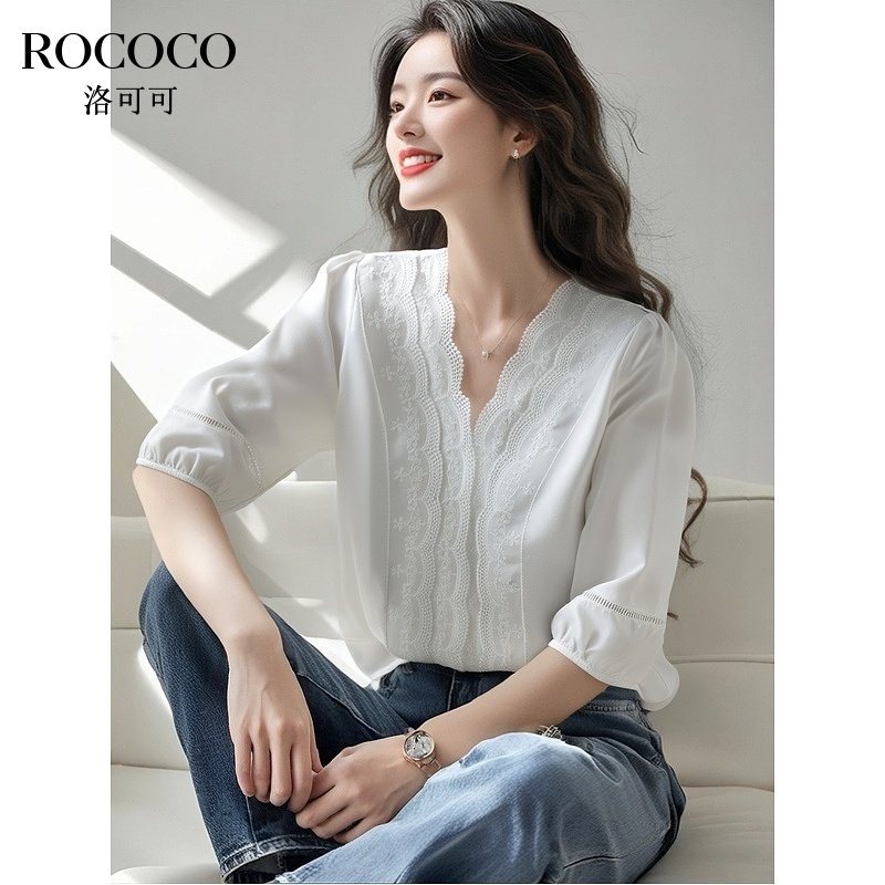 ROCOCO/洛可可重工钩花白色衬衫女2025夏季新款泡泡袖花边V领上衣