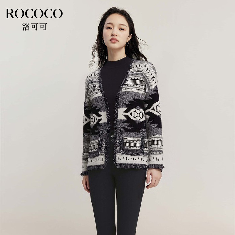 ROCOCO/洛可可V领复古流苏提花开衫外套2025春季新款宽松落肩毛衣