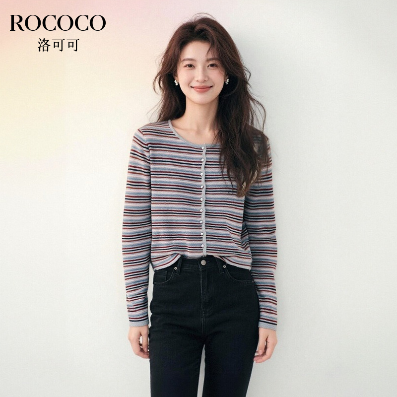 ROCOCO/洛可可绵羊毛撞色条纹长袖针织开衫女秋季新款休闲风上衣