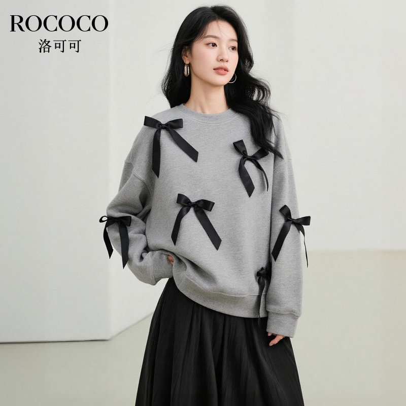 ROCOCO/洛可可2025秋季新款韩系宽松蝴蝶结减龄套头长袖灰色卫衣