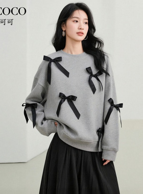 ROCOCO/洛可可2025秋季新款韩系宽松蝴蝶结减龄套头长袖灰色卫衣