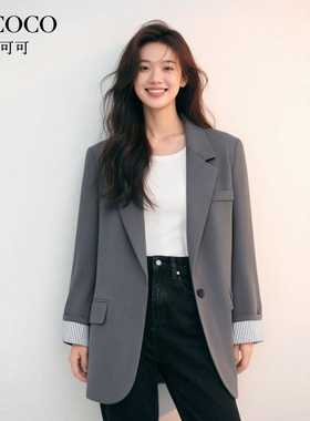 ROCOCO/洛可可经典翻袖口条纹拼接西装2025秋季时尚气质外套女