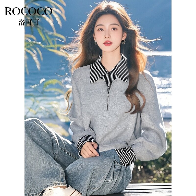 ROCOCO/洛可可半拉链条纹拼接假两件卫衣女春季流行翻领落肩上衣
