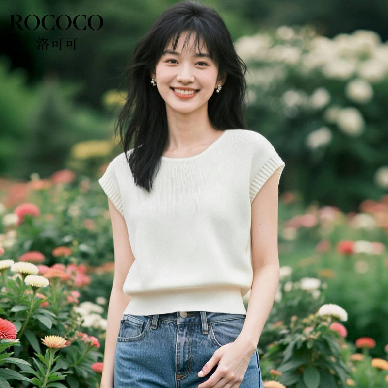 ROCOCO/洛可可圆领收腰无袖针织衫法式高级纯色短款套头内搭上衣