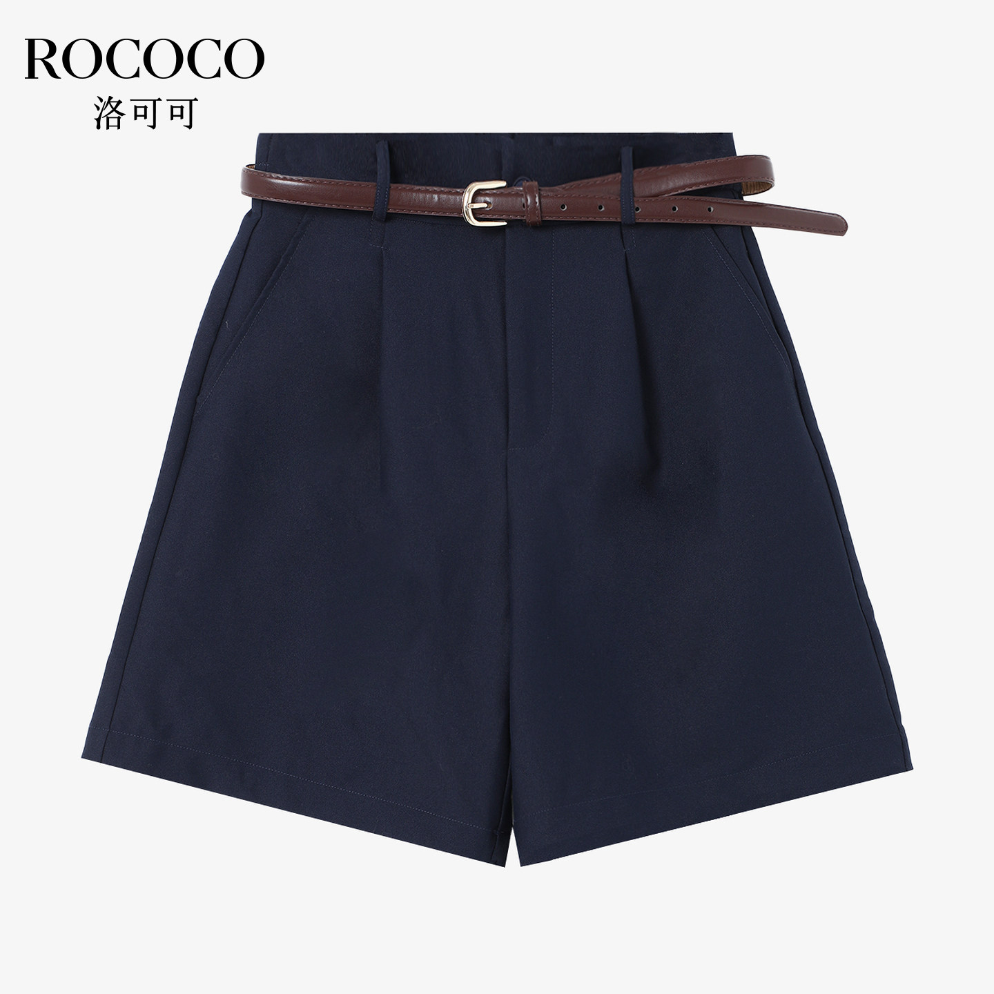 ROCOCO/洛可可藏青色高腰A字西装短裤显瘦阔腿小个子休闲裤