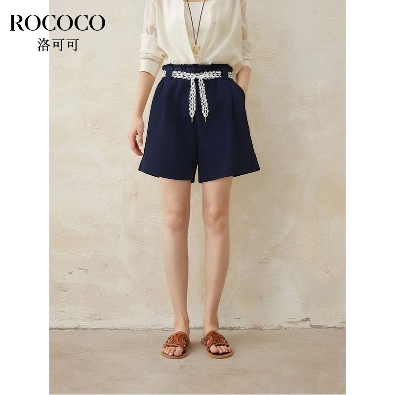 ROCOCO/洛可可欧若风高腰阔腿短裤2025夏季流行蕾丝系带纯色A字裤