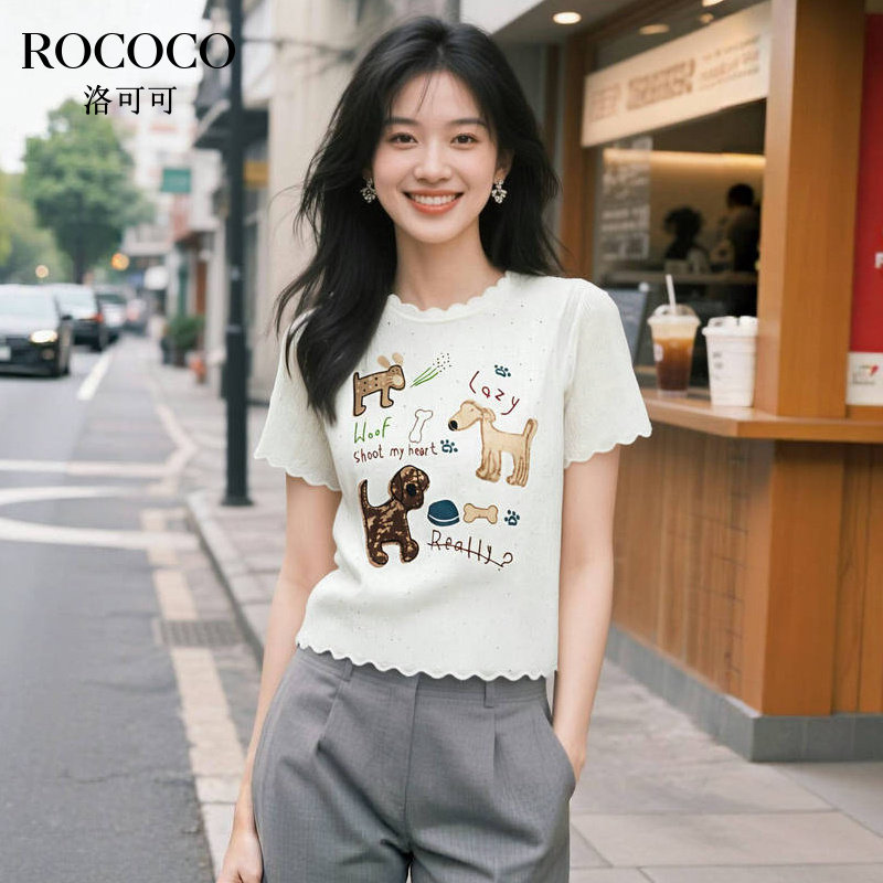 ROCOCO/洛可可卡通小狗刺绣针织衫女夏季新款撞色木耳边套头上衣