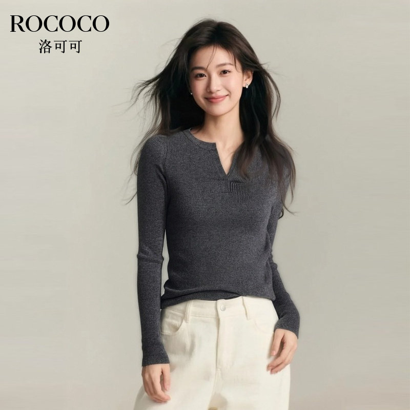 ROCOCO/洛可可时尚简约坑条个性领口秋季百搭修身显瘦针织衫上衣