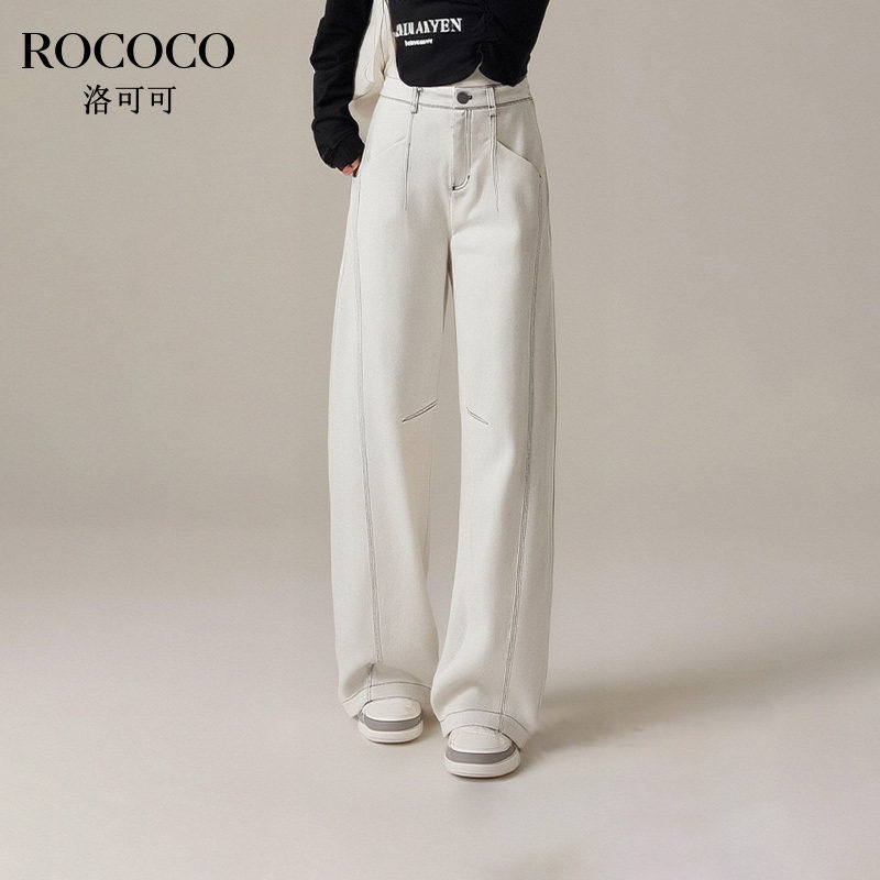 ROCOCO/洛可可高腰拼接阔腿牛仔裤女2025秋季新款纯色弯刀长裤子