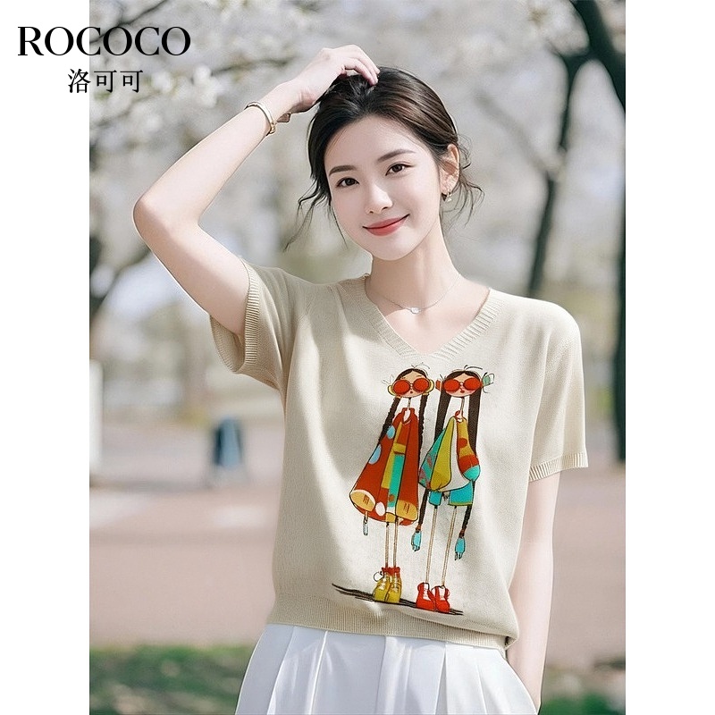 ROCOCO/洛可可莱赛尔卡通针织衫女今年夏季新款短款休闲亚麻上衣