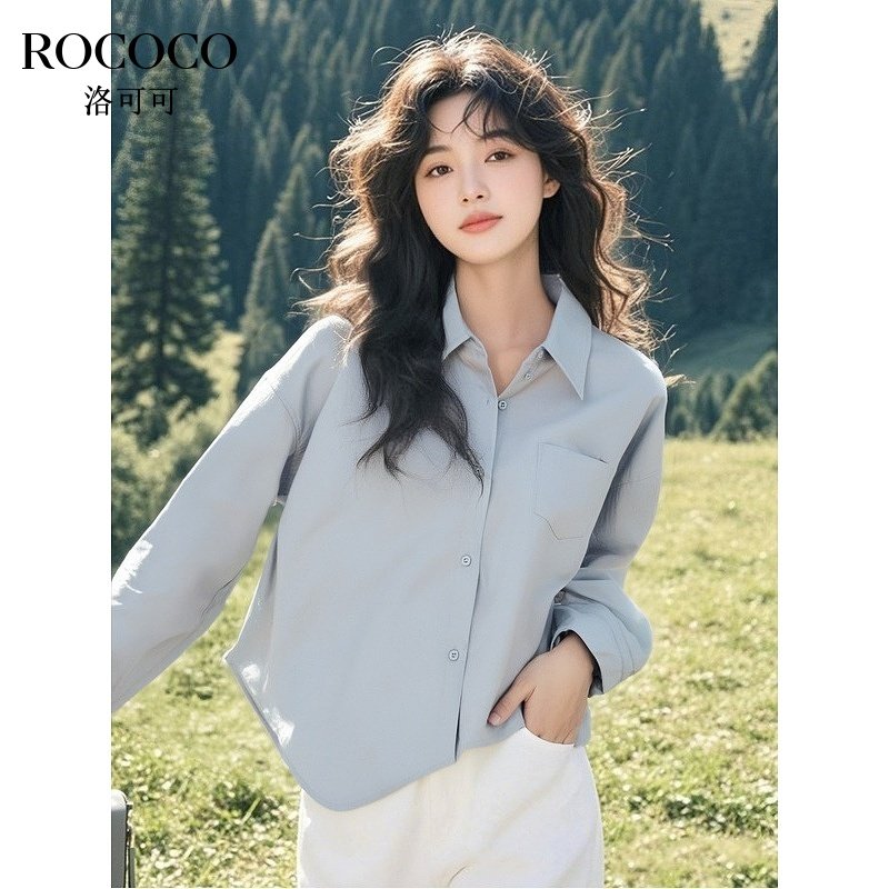 ROCOCO/洛可可韩版翻领不规则衬衫2025春季新款宽松纯色短款衬衣