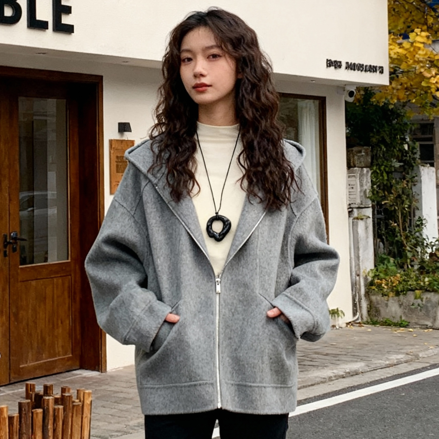 灰色双面呢大衣女秋冬外套