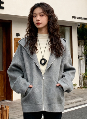 ROCOCO/洛可可灰色双面呢大衣女秋冬纯色短款简约百搭连帽外套