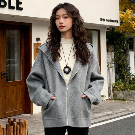 ROCOCO/洛可可灰色双面呢大衣女秋冬纯色短款简约百搭连帽外套