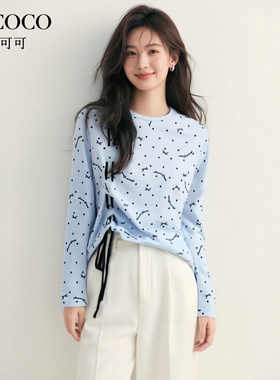 ROCOCO/洛可可时尚蓝色圆领印花T恤2025秋季新款侧边抽绳长袖T恤