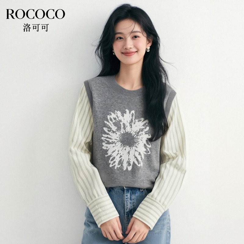 ROCOCO/洛可可绵羊毛针织衫女撞色拼接套头假两件圆领长袖上衣
