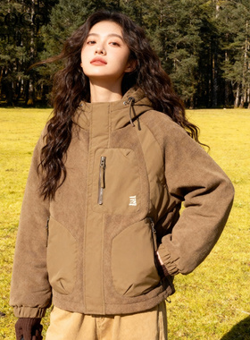 ROCOCO/洛可可暖咖色羊羔绒拼接羽绒服女冬季连帽工装保暖外套