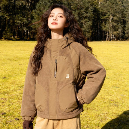 ROCOCO/洛可可暖咖色羊羔绒拼接羽绒服女冬季连帽工装保暖外套