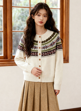 ROCOCO/洛可可民族风提花针织开衫女圆领单排扣复古休闲秋冬外套