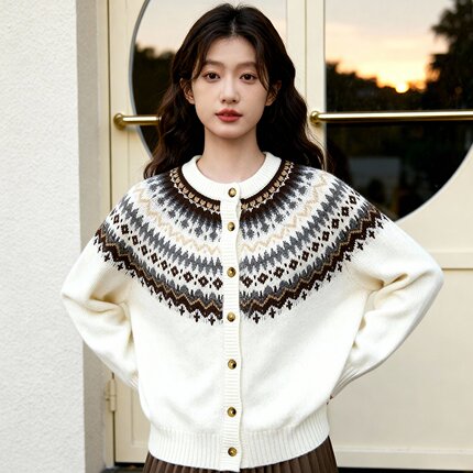 ROCOCO 洛可可几何提花针织开衫女圆领单排扣休闲秋冬毛衣外套