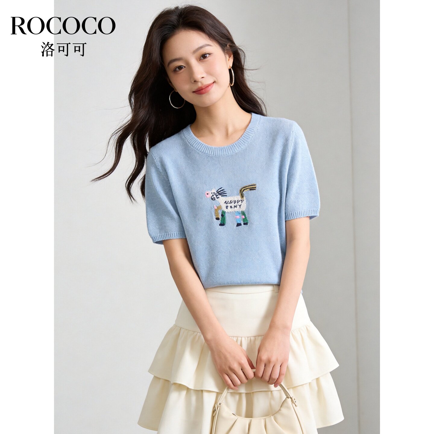 ROCOCO/洛可可灰色亚麻轻薄透气短袖针织衫女夏季宽松短上衣