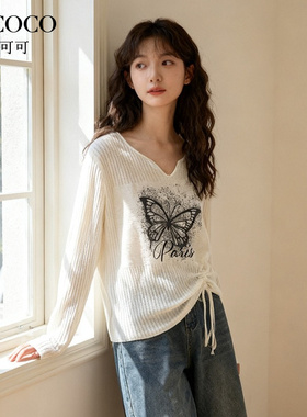 ROCOCO/洛可可V领撞色蝴蝶印花侧腰抽绳针织衫女秋季新款套头上衣