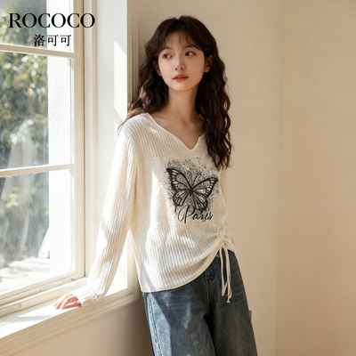 ROCOCO/洛可可V领撞色蝴蝶印花侧腰抽绳针织衫女秋季新款套头上衣