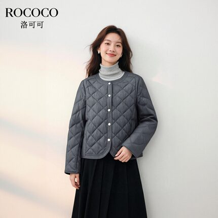ROCOCO/洛可可冬季新款菱格纽扣开衫百搭简约轻薄圆领保暖羽绒服