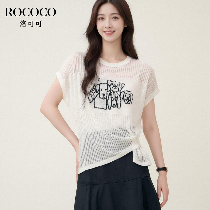 ROCOCO/洛可可动物提花修身套头针织衫女夏季休闲新款短袖上衣