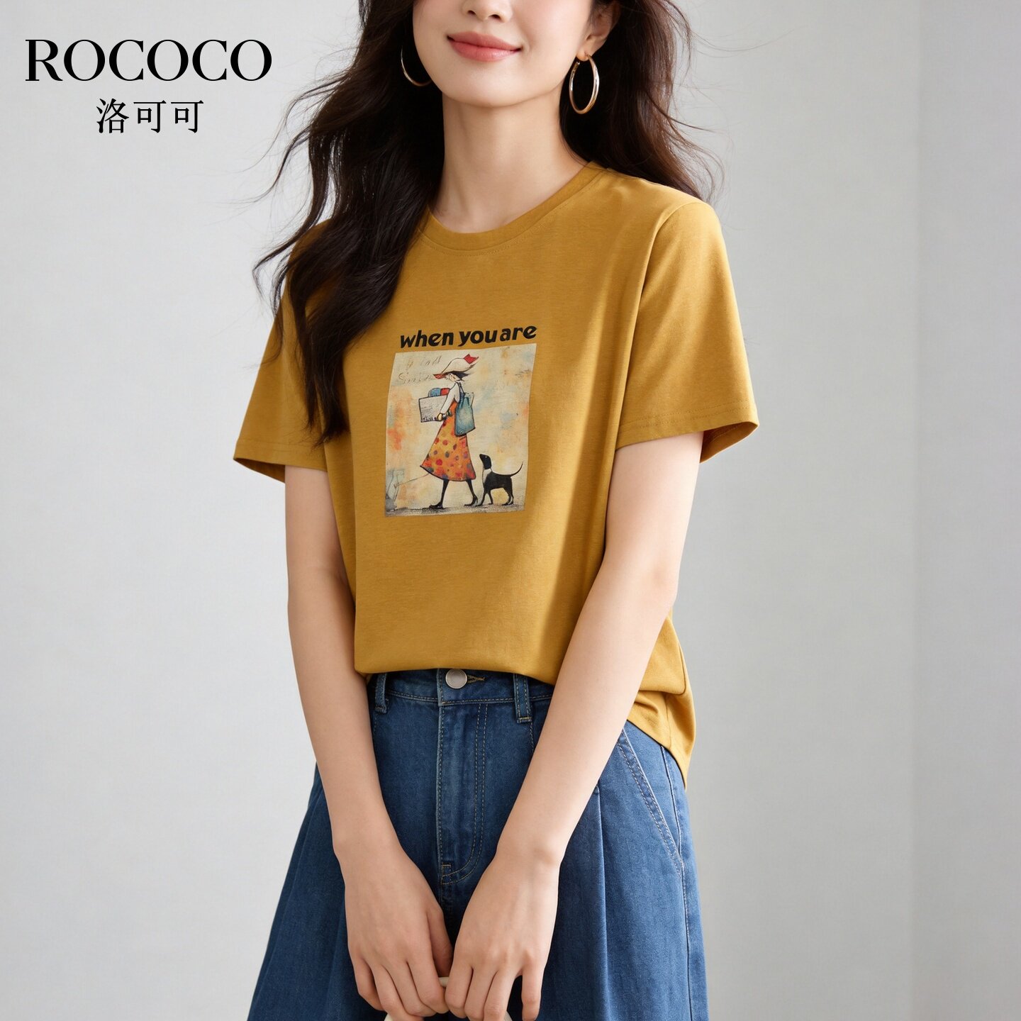 ROCOCO/洛可可复古黄色短袖T恤女夏季宽松手绘印花棉感上衣