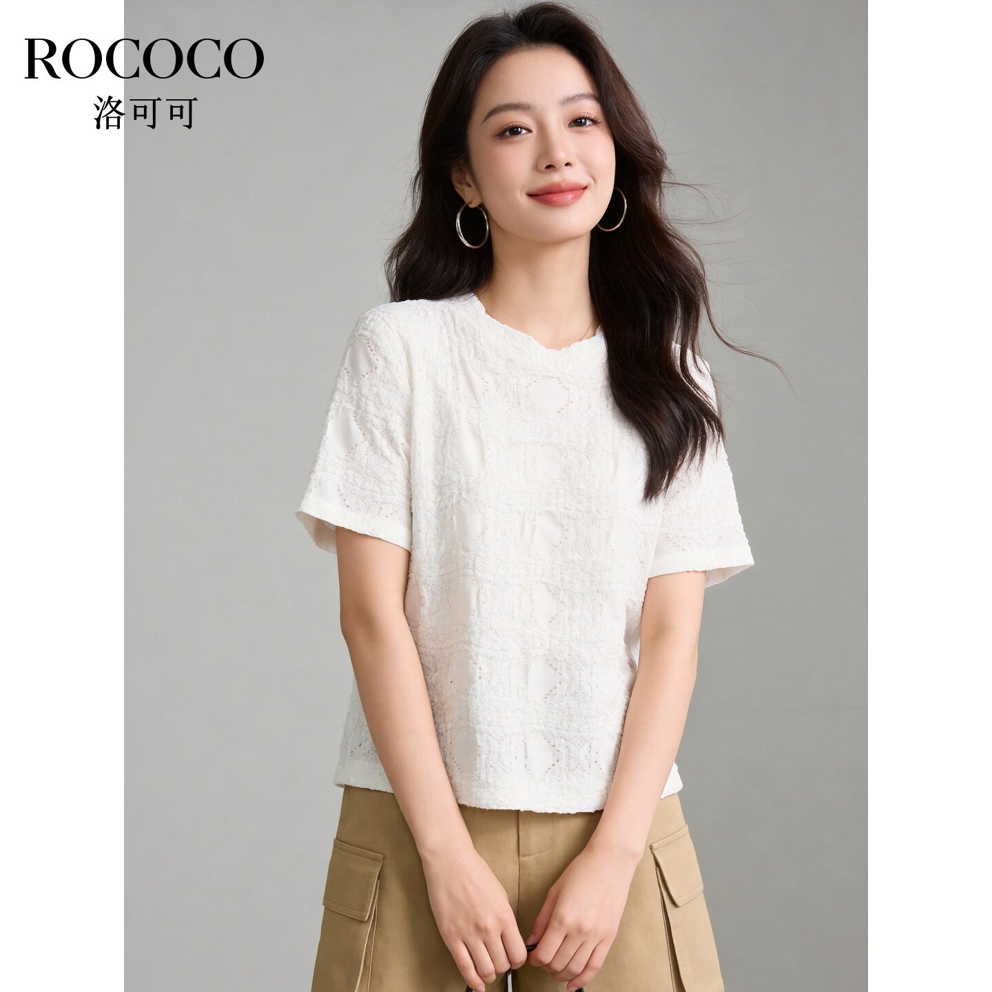 ROCOCO/洛可可白色镂空蕾丝短袖T恤女夏薄款设计感显瘦上衣