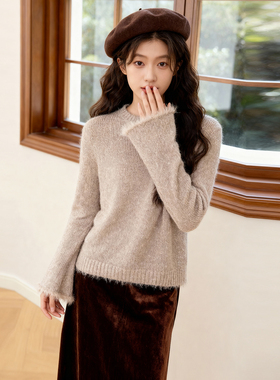 ROCOCO/洛可可喇叭袖卡其针织衫女26春新款温柔风秋冬套头上衣