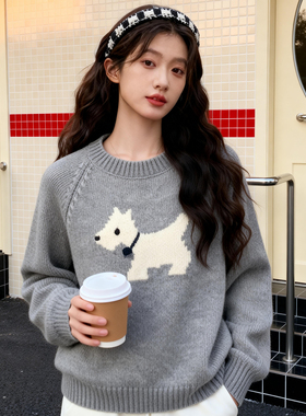 ROCOCO/洛可可浅灰色小狗提花针织衫女宽松休闲圆领秋冬套头上衣