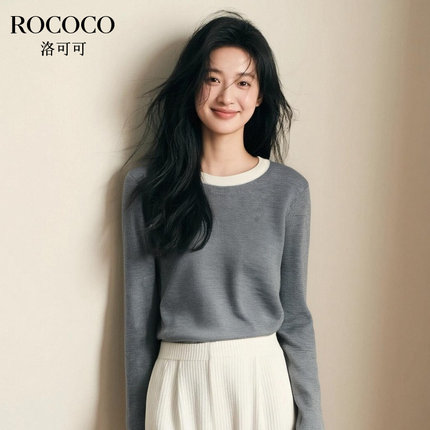 ROCOCO/洛可可撞色简约针织衫女秋季新款宽松百搭圆领长袖上衣