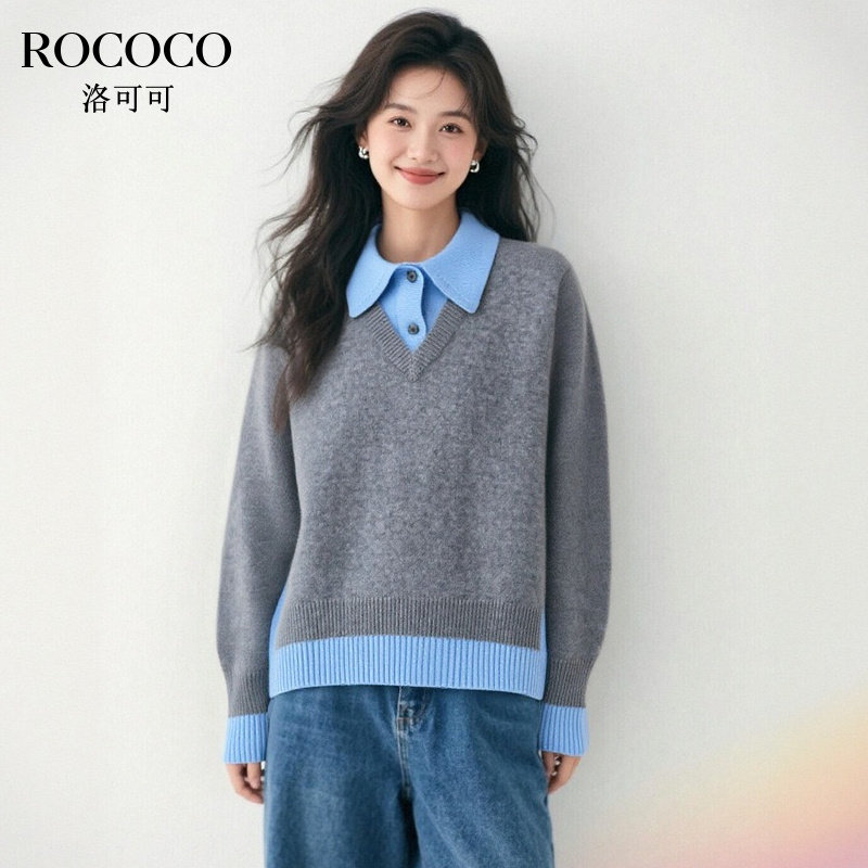 ROCOCO/洛可可撞色假两件翻领针织衫秋季新款学院风套头毛衣女