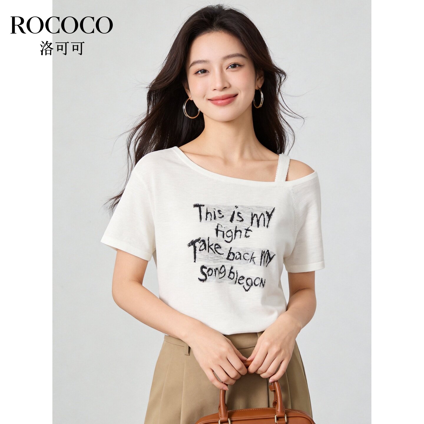 ROCOCO/洛可可韩系斜肩字母针织衫女夏米白宽松露肩短袖上衣