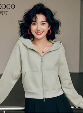 ROCOCO/洛可可纯色双拉链连帽卫衣外套女春季流行短款插肩袖上衣