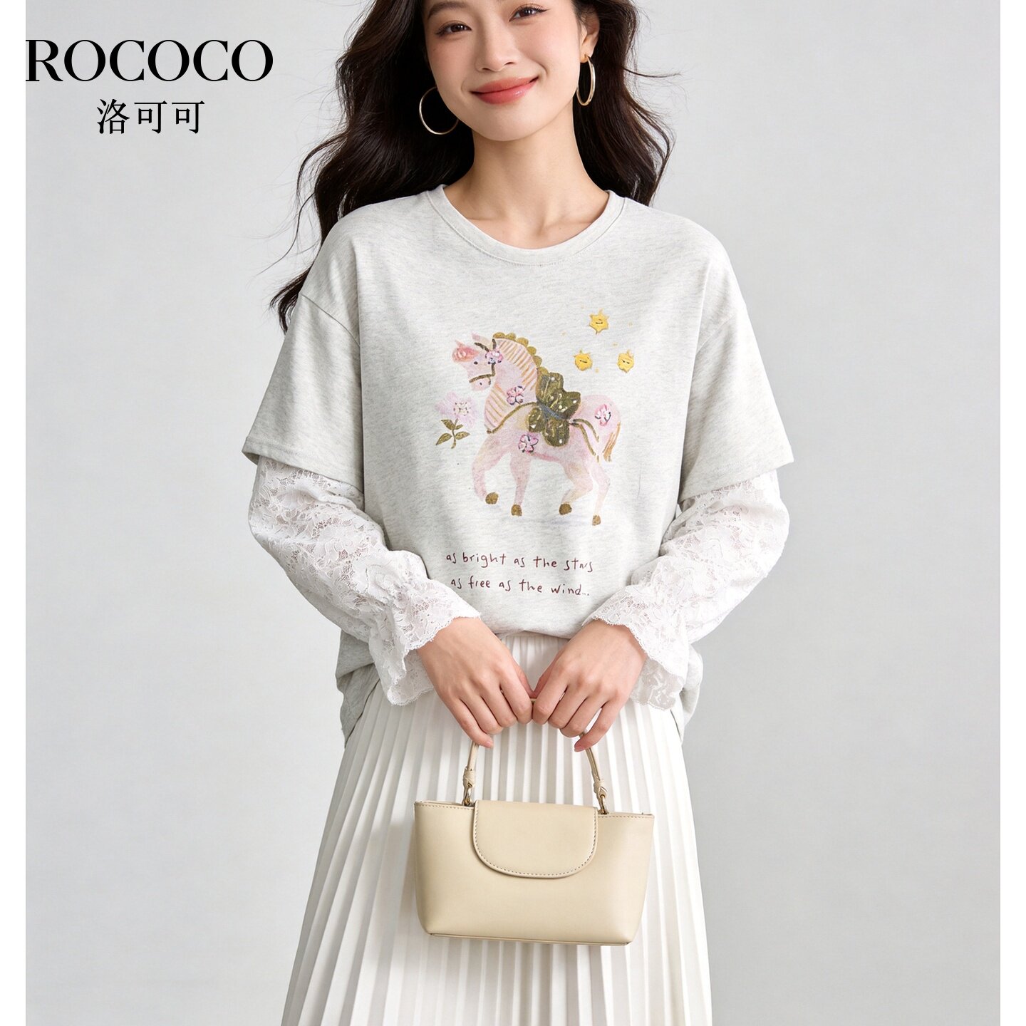 ROCOCO/洛可可假两件蕾丝拼接长袖T恤女夏印花甜美减龄上衣