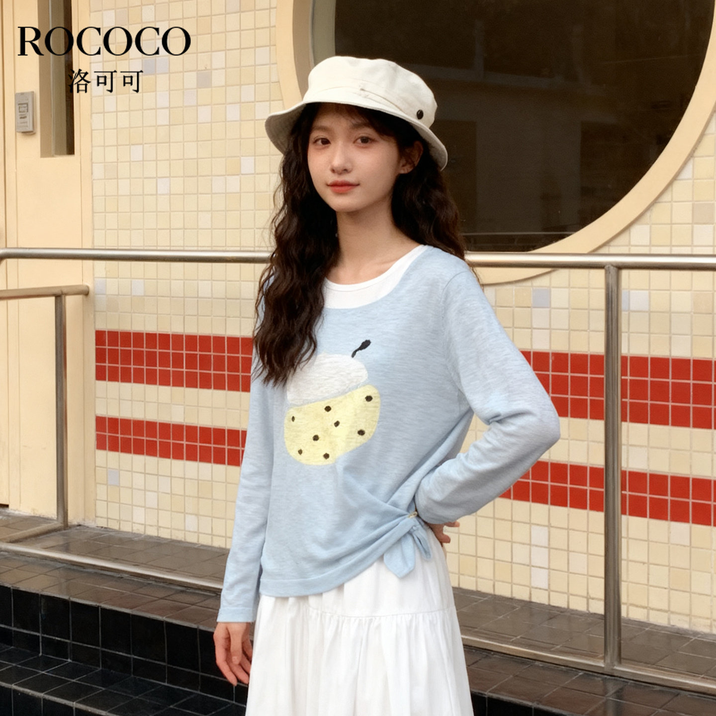 ROCOCO/洛可可2025秋新款圆领印花长袖针织衫女宽松显瘦百搭上衣