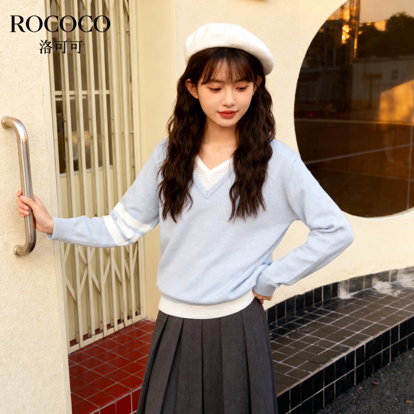 ROCOCO/洛可可2025秋学院风V领假两件针织衫女清新少女感百搭上衣