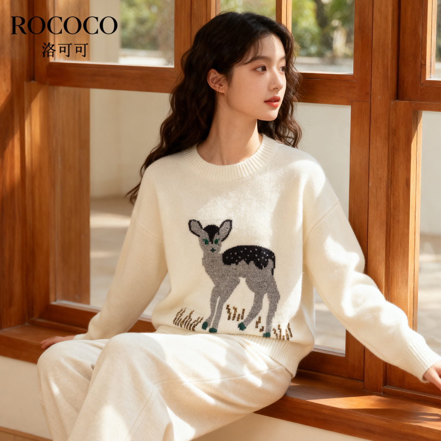 ROCOCO/洛可可2025绵羊毛卡通刺绣套头毛衣女高级圆领落肩袖上衣