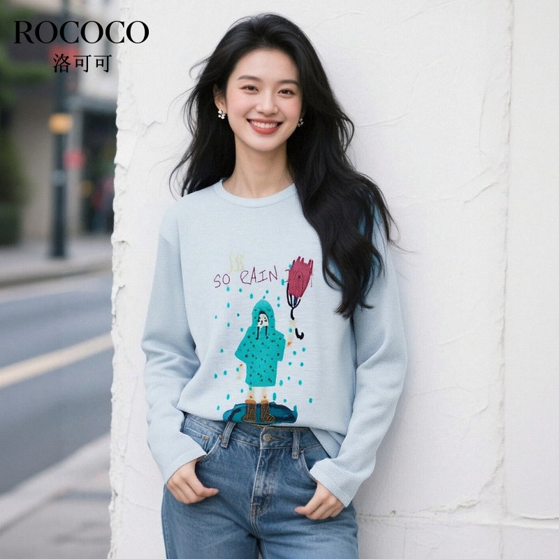 ROCOCO/洛可可圆领套头宽松印花长袖针织衫秋季新款简约百搭上衣
