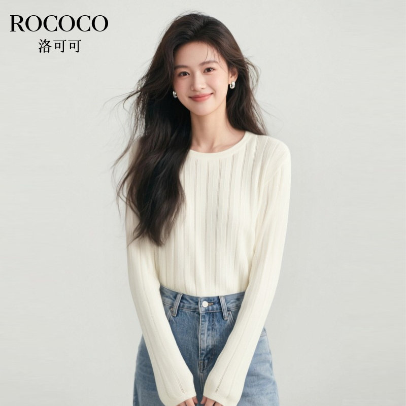 ROCOCO/洛可可纯色镂空坑条针织衫早秋时尚圆领短款套头上衣