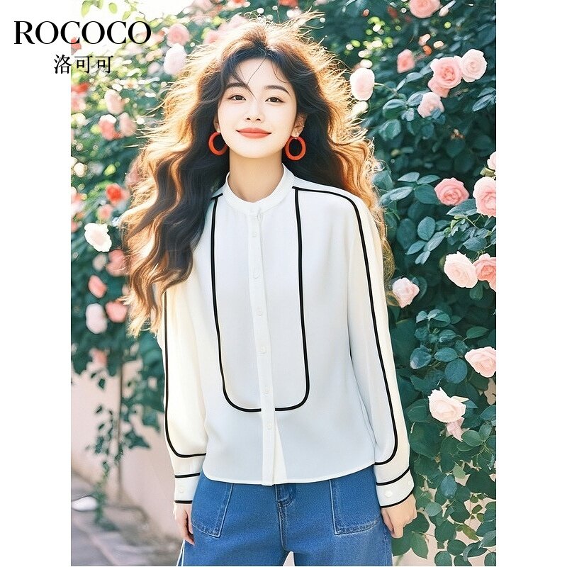 ROCOCO/洛可可黑白拼色立领衬衫春季新款气质宽松单排扣长袖衬衣