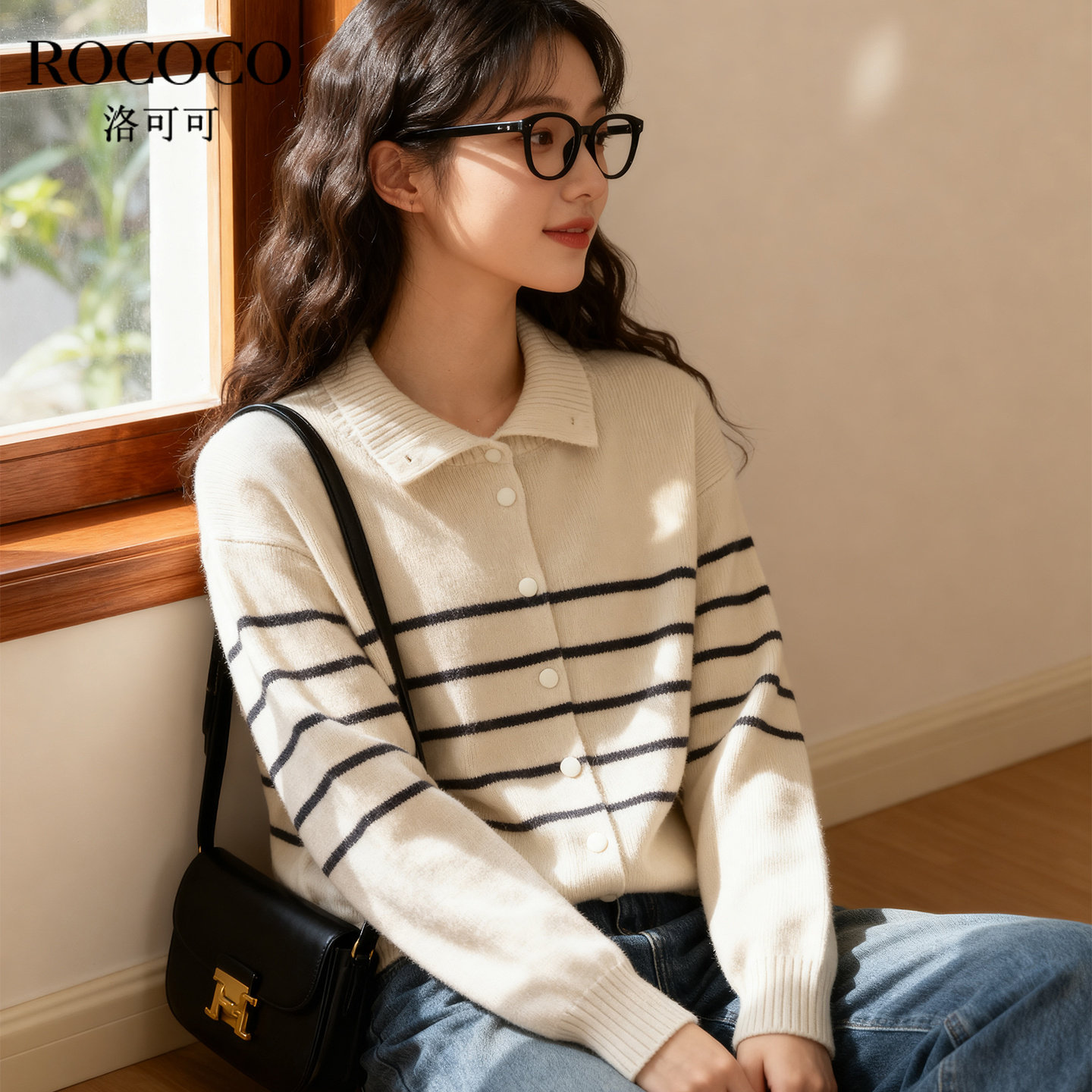ROCOCO/洛可可2025秋季新款潮流翻领条纹毛衣女宽松简约舒适上衣